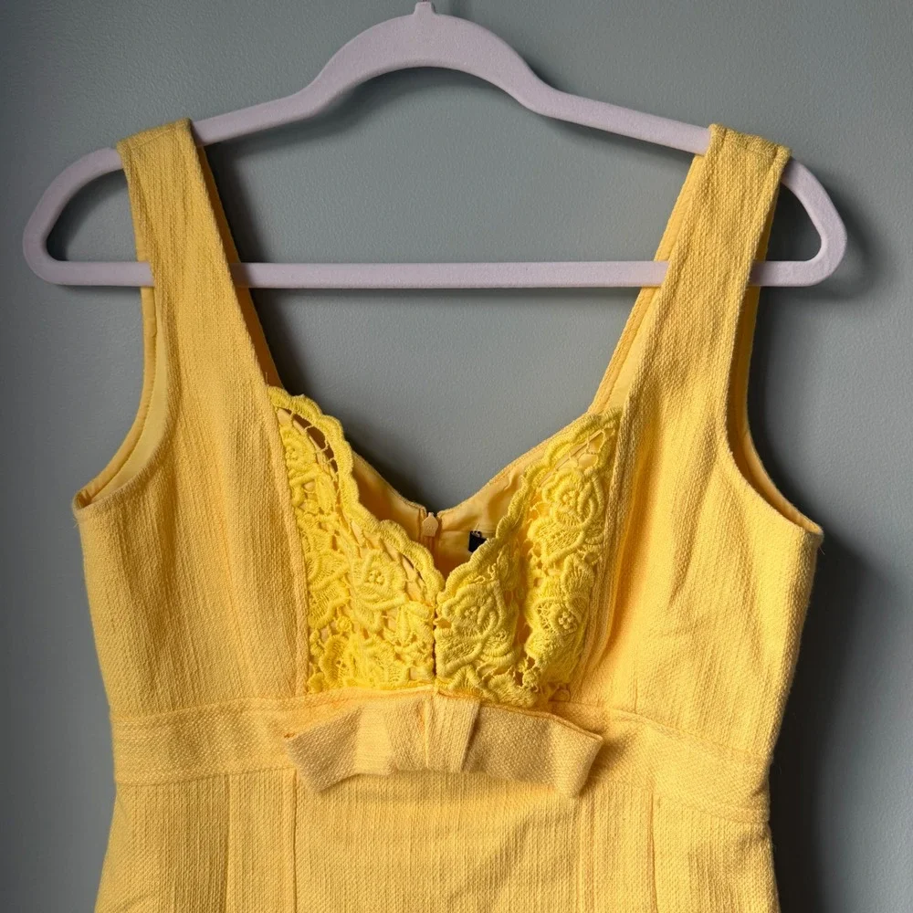 Nanette Lepore Yellow Lace Dress Sleeveless Bow Cotton Sheath Wedding Guest SZ 8